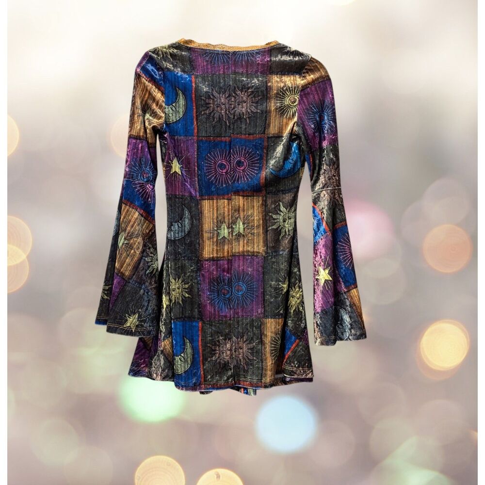 Shein - Grunge Sun & Moon Print Contrast Lace Flounce Sleeve Dress Sz XS - Picture 12 of 12